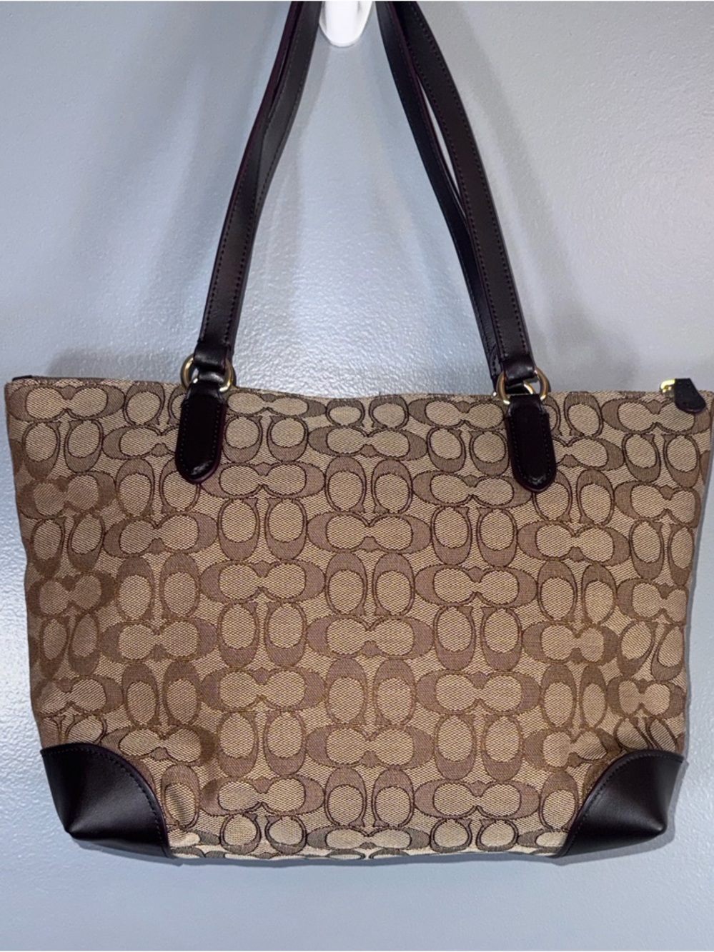 Coach Signature Zip Tote Khaki Brown Canvas Leather Trim Shoulder Bag Large - Picture 4 of 12